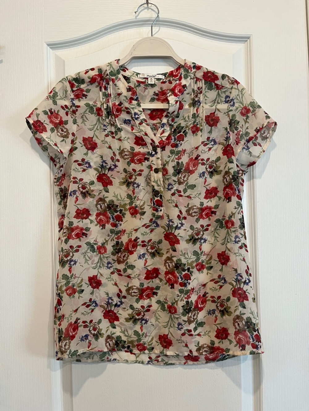 Papaya- Floral Short-Sleeve V-Neck Blouse - Sheer Ivory with Red Roses